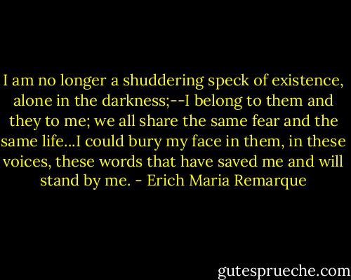 I am no longer a shuddering speck of existence, alone in the darkness;--I belong to them and they to me; we all share the same fear and the same life...I could bury my face in them, in these voices, these words that have saved me and will stand by me. - Erich Maria Remarque