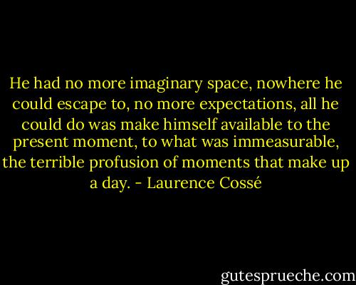 He had no more imaginary space, nowhere he could escape to, no more expectations, all he could do was make himself available to the present moment, to what was immeasurable, the terrible profusion of moments that make up a day. - Laurence Cossé