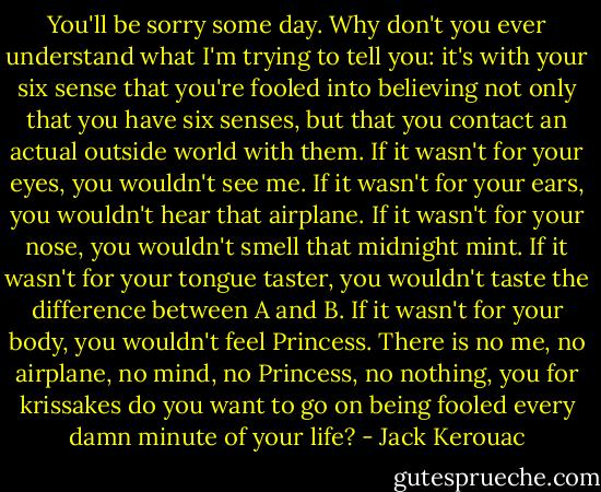 You'll be sorry some day. Why don't you ever understand what I'm trying to tell you: it's with your six sense that you're fooled into believing not only that you have six senses, but that you contact an actual outside world with them. If it wasn't for your eyes, you wouldn't see me. If it wasn't for your ears, you wouldn't hear that airplane. If it wasn't for your nose, you wouldn't smell that midnight mint. If it wasn't for your tongue taster, you wouldn't taste the difference between A and B. If it wasn't for your body, you wouldn't feel Princess. There is no me, no airplane, no mind, no Princess, no nothing, you for krissakes do you want to go on being fooled every damn minute of your life? - Jack Kerouac