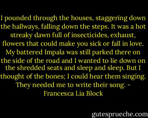 I pounded through the houses, staggering down the hallways, falling down the steps. It was a hot streaky dawn full of insecticides, exhaust, flowers that could make you sick or fall in love. My battered Impala was still parked there on the side of the road and I wanted to lie down on the shredded seats and sleep and sleep.<br />But I thought of the bones; I could hear them singing. They needed me to write their song. - Francesca Lia Block