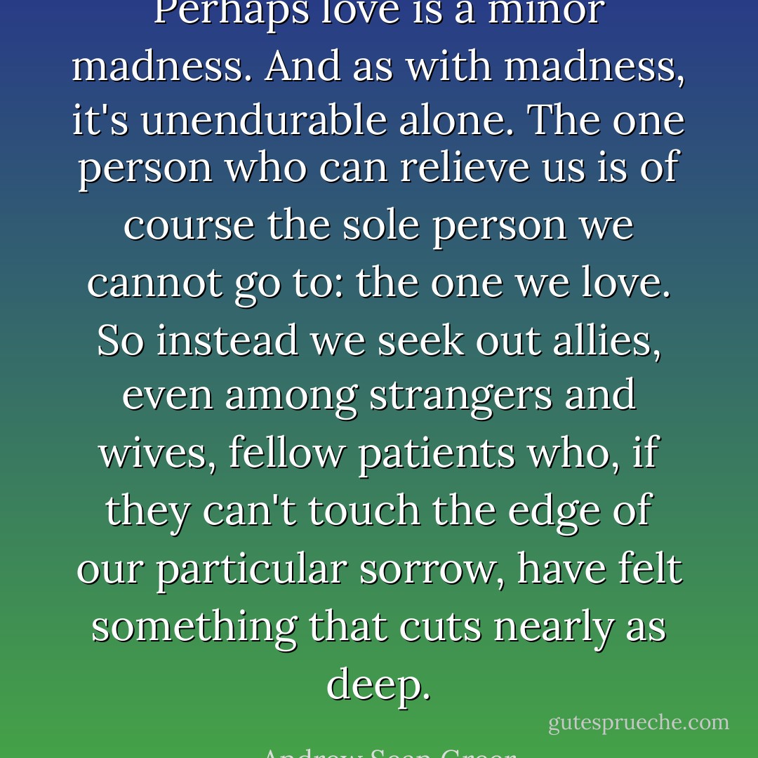 Perhaps love is a minor madness. And as with madness, it's unendurable alone. The one person who can relieve us is of course the sole person we cannot go to: the one we love. So instead we seek out allies, even among strangers and wives, fellow patients who, if they can't touch the edge of our particular sorrow, have felt something that cuts nearly as deep. - Andrew Sean Greer