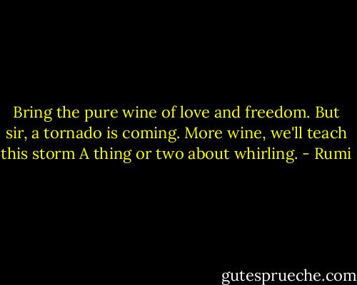 Bring the pure wine of<br />love and freedom.<br />But sir, a tornado is coming.<br />More wine, we'll teach this storm<br />A thing or two about whirling. - Rumi