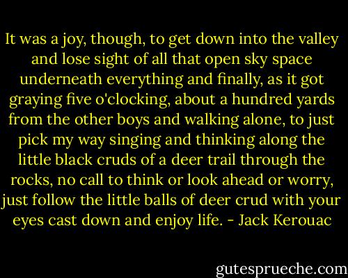 It was a joy, though, to get down into the valley and lose sight of all that open sky space underneath everything and finally, as it got graying five o'clocking, about a hundred yards from the other boys and walking alone, to just pick my way singing and thinking along the little black cruds of a deer trail through the rocks, no call to think or look ahead or worry, just follow the little balls of deer crud with your eyes cast down and enjoy life. - Jack Kerouac