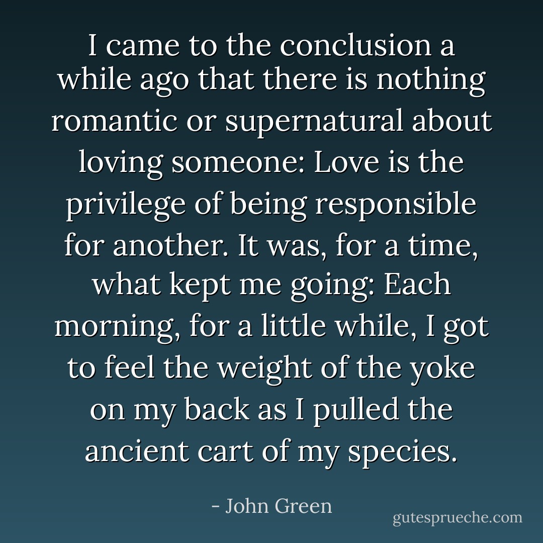 I came to the conclusion a while ago that there is nothing romantic or supernatural about loving someone: Love is the privilege of being responsible for another. It was, for a time, what kept me going: Each morning, for a little while, I got to feel the weight of the yoke on my back as I pulled the ancient cart of my species. - John Green
