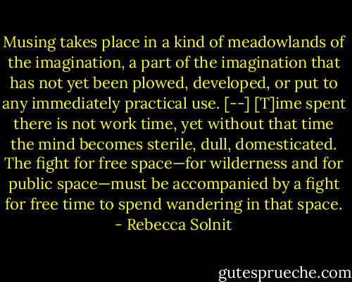 Musing takes place in a kind of meadowlands of the imagination, a part of the imagination that has not yet been plowed, developed, or put to any immediately practical use. [--] [T]ime spent there is not work time, yet without that time the mind becomes sterile, dull, domesticated. The fight for free space—for wilderness and for public space—must be accompanied by a fight for free time to spend wandering in that space. - Rebecca Solnit