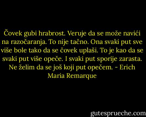 Čovek gubi hrabrost. Veruje da se može navići na razočaranja. To nije tačno. Ona svaki put sve više bole tako da se čovek uplaši. To je kao da se svaki put više opeče. I svaki put sporije zarasta. Ne želim da se još koji put opečem. - Erich Maria Remarque