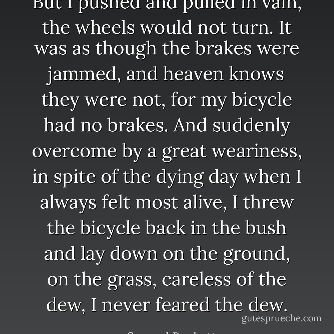 But I pushed and pulled in vain, the wheels would not turn. It was as though the brakes were jammed, and heaven knows they were not, for my bicycle had no brakes. And suddenly overcome by a great weariness, in spite of the dying day when I always felt most alive, I threw the bicycle back in the bush and lay down on the ground, on the grass, careless of the dew, I never feared the dew. - Samuel Beckett