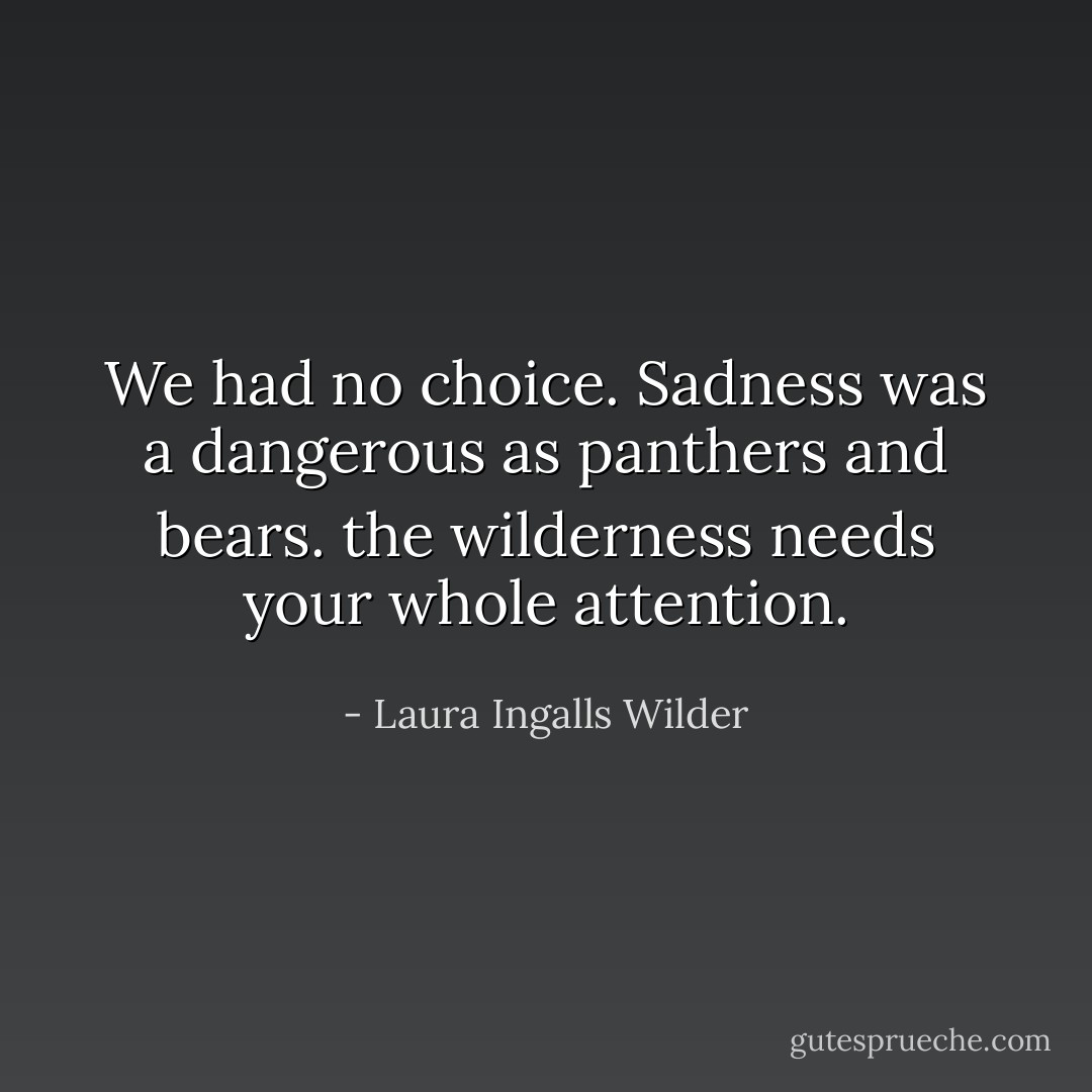 We had no choice. Sadness was a dangerous as panthers and bears. the wilderness needs your whole attention. - Laura Ingalls Wilder