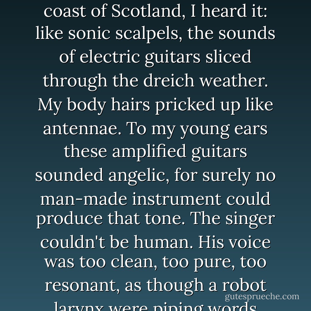 I was ten when I heard the music that ended the first phase of my life and cast me hurtling towards a new horizon. Drenched to the skin, I stood on Dunoon’s pier peering seawards through diagonal rain, looking for the ferry that would take me home. There, on the everwet west coast of Scotland, I heard it: like sonic scalpels, the sounds of electric guitars sliced through the dreich weather. My body hairs pricked up like antennae. To my young ears these amplified guitars sounded angelic, for surely no man-made instrument could produce <i>that</i> tone. The singer couldn't be human. His voice was too clean, too pure, too resonant, as though a robot larynx were piping words through vocal chords of polished silver. The overall effect was intoxicating - a storm of drums, earthquake bass, razor-sharp guitar riffs, and soaring vocals of astonishing clarity. I knew that I was hearing the future. - Mark  Rice