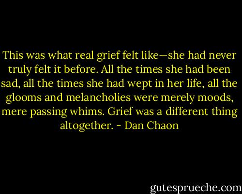 This was what real grief felt like—she had never truly felt it before. All the times she had been sad, all the times she had wept in her life, all the glooms and melancholies were merely moods, mere passing whims. Grief was a different thing altogether. - Dan Chaon