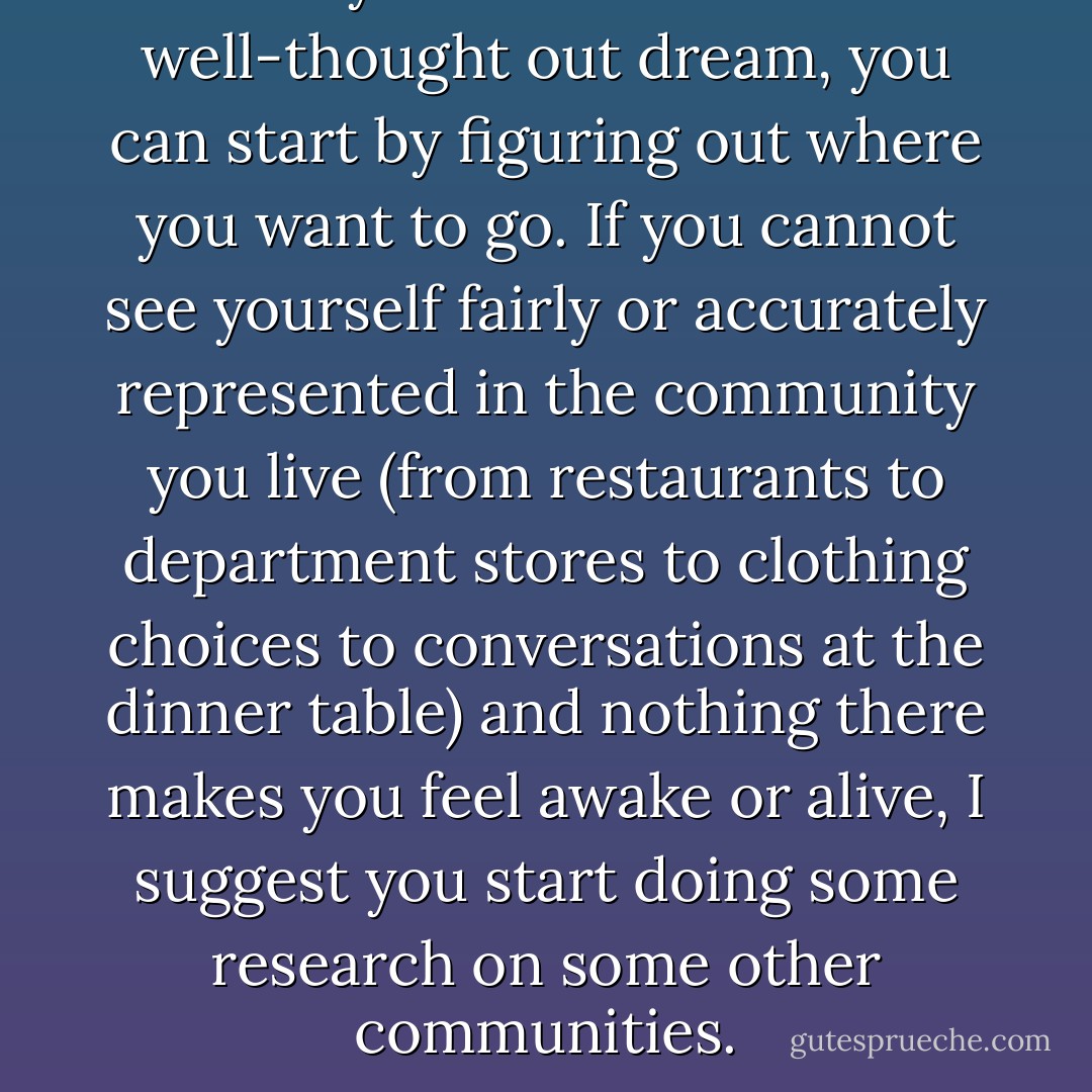 If you don't have a well-thought out dream, you can start by figuring out where you want to go. If you cannot see yourself fairly or accurately represented in the community you live (from restaurants to department stores to clothing choices to conversations at the dinner table) and nothing there makes you feel awake or alive, I suggest you start doing some research on some other communities. - Kelly Cutrone