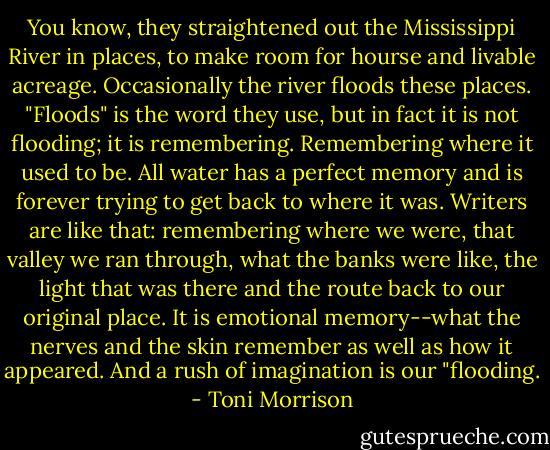 You know, they straightened out the Mississippi River in places, to make room for hourse and livable acreage. Occasionally the river floods these places. "Floods" is the word they use, but in fact it is not flooding; it is remembering. Remembering where it used to be. All water has a perfect memory and is forever trying to get back to where it was. Writers are like that: remembering where we were, that valley we ran through, what the banks were like, the light that was there and the route back to our original place. It is emotional memory--what the nerves and the skin remember as well as how it appeared. And a rush of imagination is our "flooding. - Toni Morrison