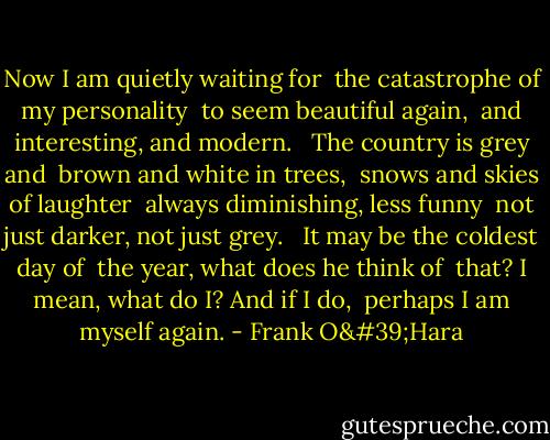 Now I am quietly waiting for <br />the catastrophe of my personality <br />to seem beautiful again, <br />and interesting, and modern. <br /><br />The country is grey and <br />brown and white in trees, <br />snows and skies of laughter <br />always diminishing, less funny <br />not just darker, not just grey. <br /><br />It may be the coldest day of <br />the year, what does he think of <br />that? I mean, what do I? And if I do, <br />perhaps I am myself again. - Frank O'Hara