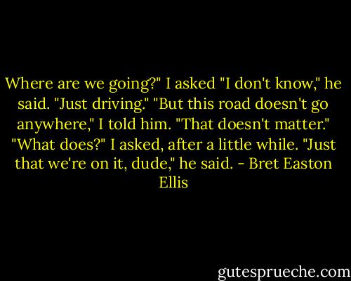 Where are we going?" I asked<br />"I don't know," he said. "Just driving."<br />"But this road doesn't go anywhere," I told him.<br />"That doesn't matter."<br />"What does?" I asked, after a little while.<br />"Just that we're on it, dude," he said. - Bret Easton Ellis