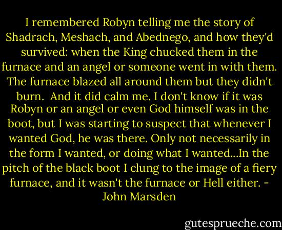 I remembered Robyn telling me the story of Shadrach, Meshach, and Abednego, and how they'd survived: when the King chucked them in the furnace and an angel or someone went in with them. The furnace blazed all around them but they didn't burn.<br /><br />And it did calm me. I don't know if it was Robyn or an angel or even God himself was in the boot, but I was starting to suspect that whenever I wanted God, he was there. Only not necessarily in the form I wanted, or doing what I wanted...In the pitch of the black boot I clung to the image of a fiery furnace, and it wasn't the furnace or Hell either. - John Marsden