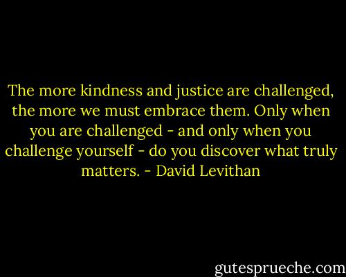 The more kindness and justice are challenged, the more we must embrace them. Only when you are challenged - and only when you challenge yourself - do you discover what truly matters. - David Levithan