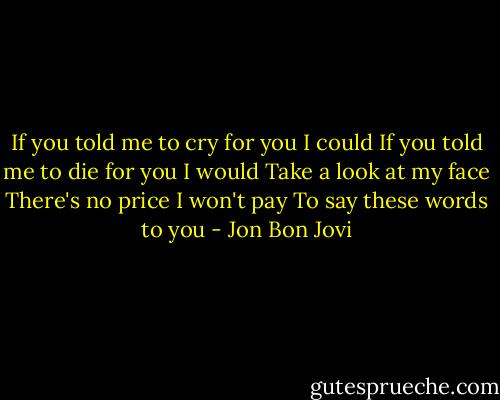 If you told me to cry for you<br />I could<br />If you told me to die for you<br />I would<br />Take a look at my face<br />There's no price I won't pay<br />To say these words to you - Jon Bon Jovi