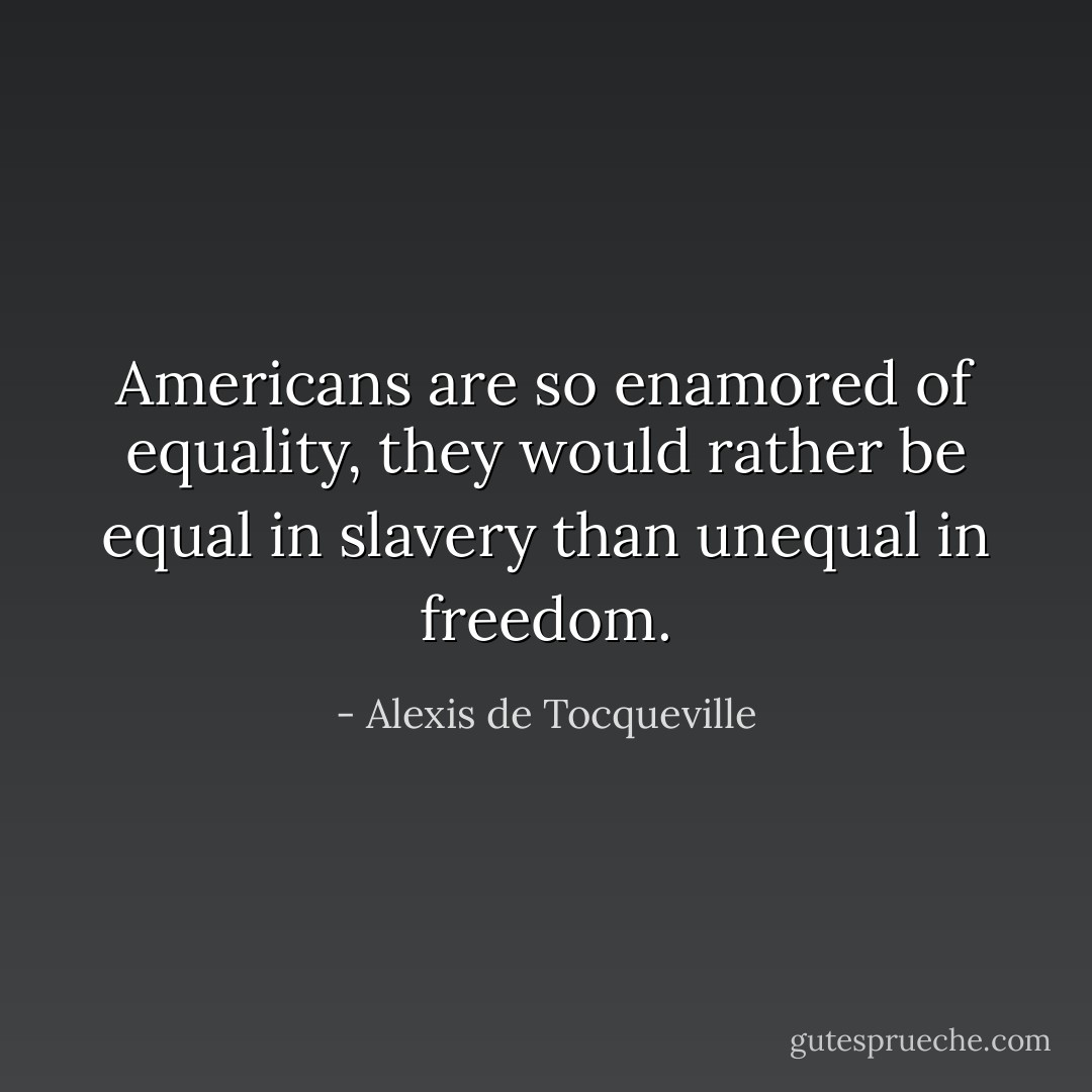 Americans are so enamored of equality, they would rather be equal in slavery than unequal in freedom. - Alexis de Tocqueville