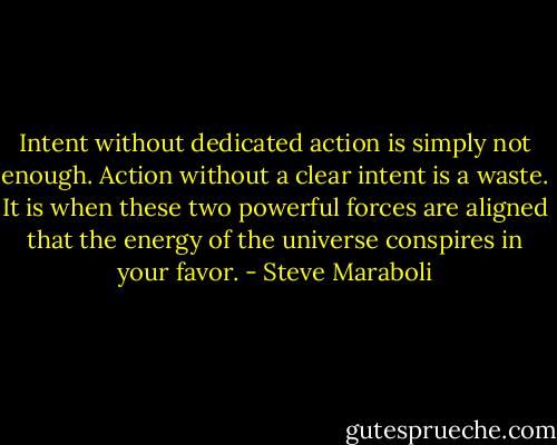 Intent without dedicated action is simply not enough. Action without a clear intent is a waste. It is when these two powerful forces are aligned that the energy of the universe conspires in your favor. - Steve Maraboli