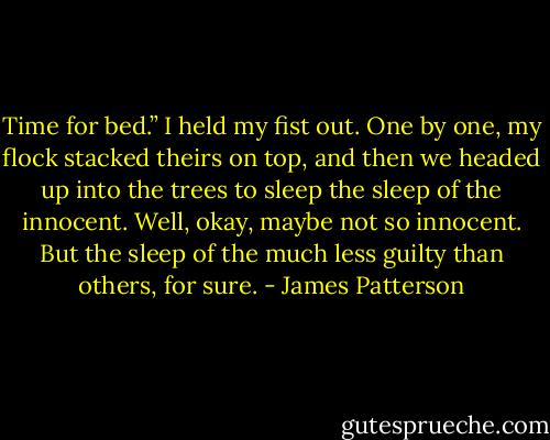 Time for bed.” I held my fist out. One by one, my flock stacked theirs on top, and then we headed up into the trees to sleep the sleep of the innocent. Well, okay, maybe not so innocent. But the sleep of the much less guilty than others, for sure. - James Patterson
