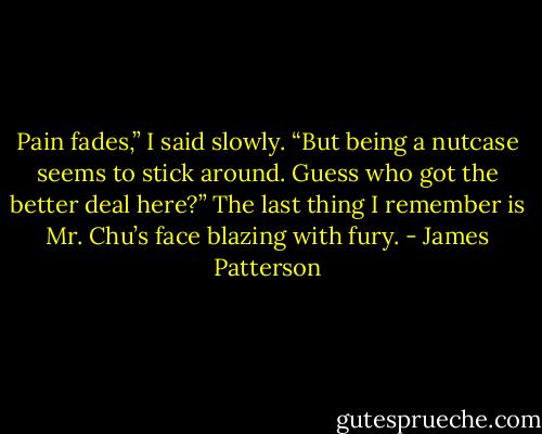 Pain fades,” I said slowly. “But being a nutcase seems to stick around. Guess who got the better deal here?” The last thing I remember is Mr. Chu’s face blazing with fury. - James Patterson