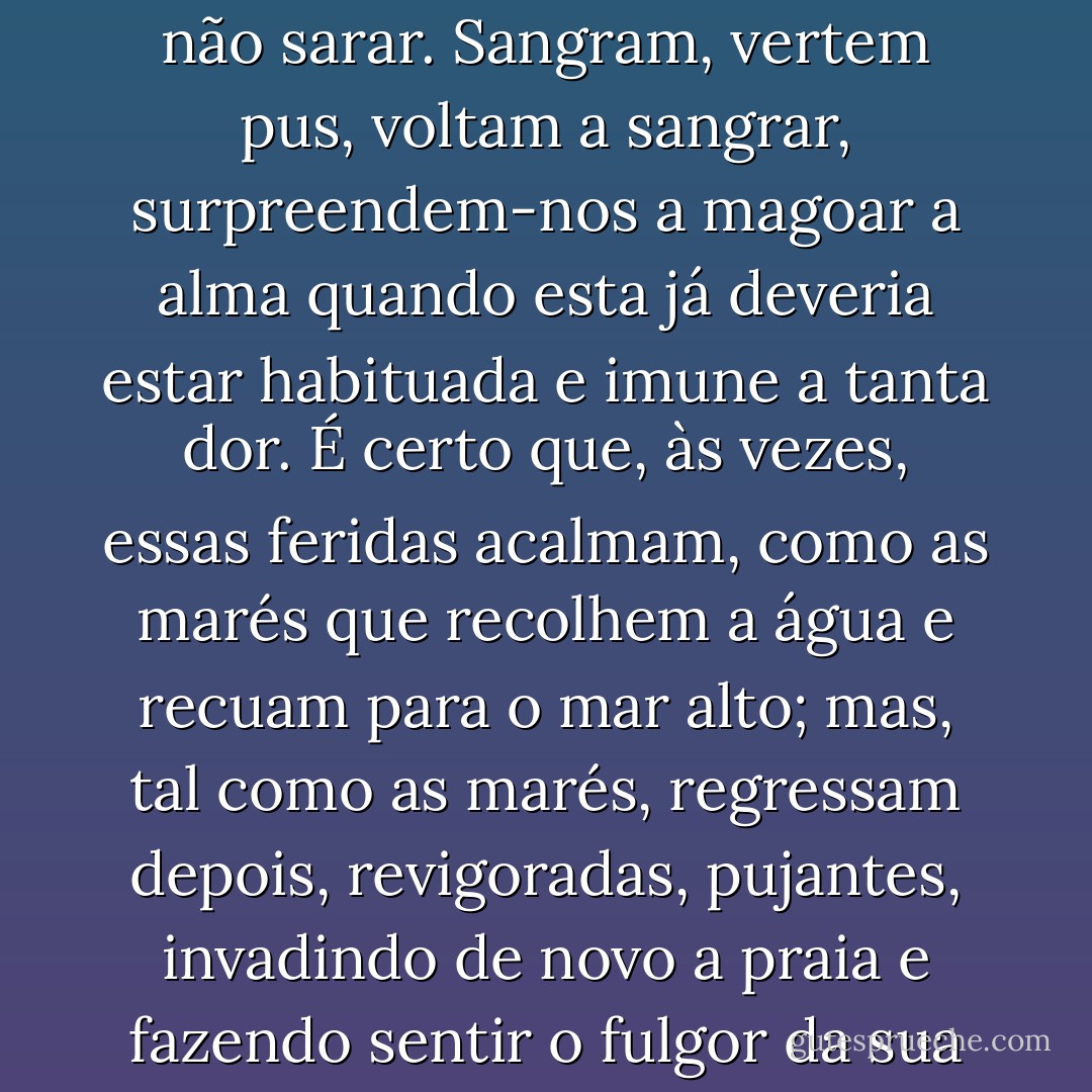 Dizem que o tempo sara todas as feridas. Talvez seja verdade. Mas há feridas que parecem não sarar. Sangram, vertem pus, voltam a sangrar, surpreendem-nos a magoar a alma quando esta já deveria estar habituada e imune a tanta dor. É certo que, às vezes, essas feridas acalmam, como as marés que recolhem a água e recuam para o mar alto; mas, tal como as marés, regressam depois, revigoradas, pujantes, invadindo de novo a praia e fazendo sentir o fulgor da sua presença, o ímpeto do seu regresso. - José Saramago