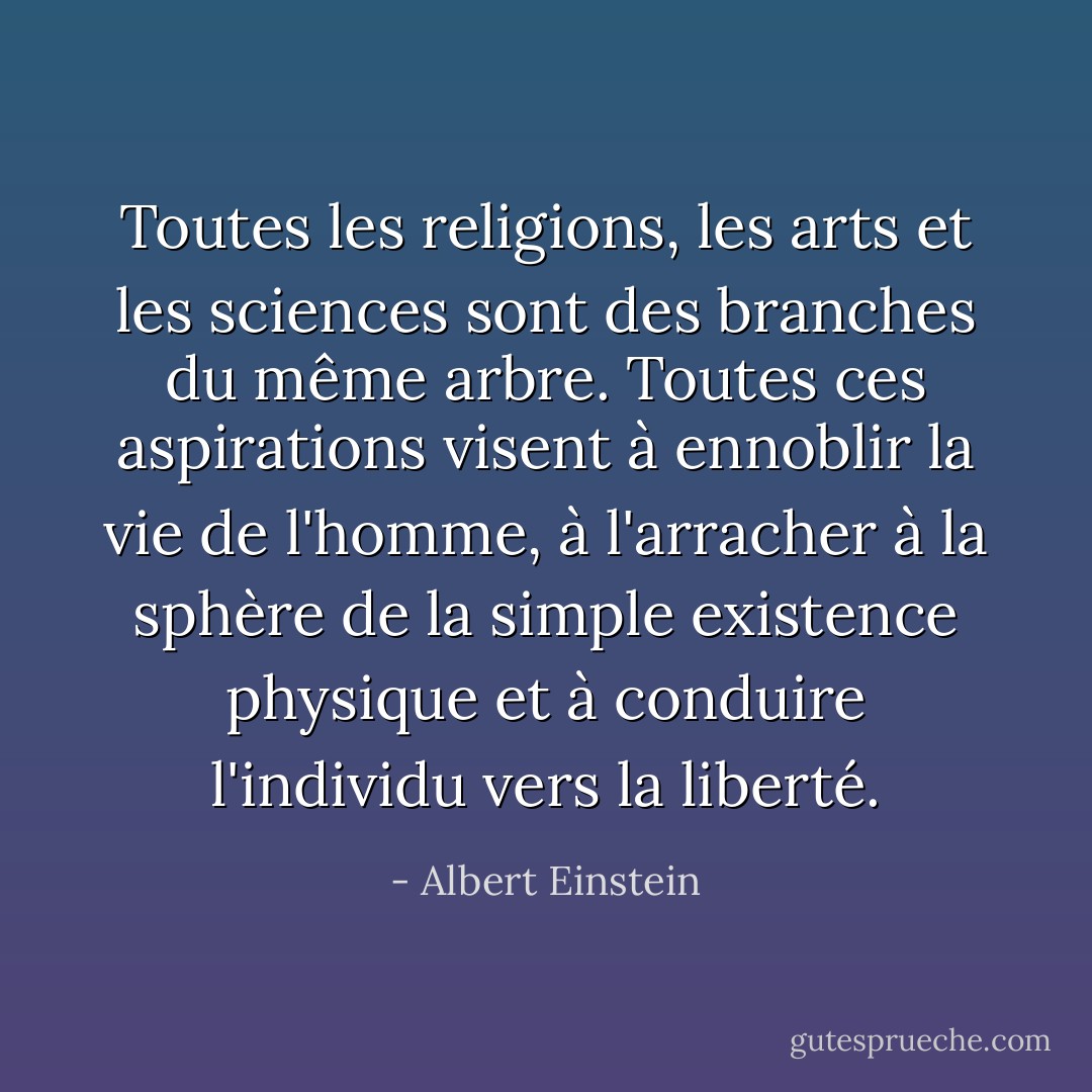 Toutes les religions, les arts et les sciences sont des branches du même arbre. Toutes ces aspirations visent à ennoblir la vie de l'homme, à l'arracher à la sphère de la simple existence physique et à conduire l'individu vers la liberté. - Albert Einstein