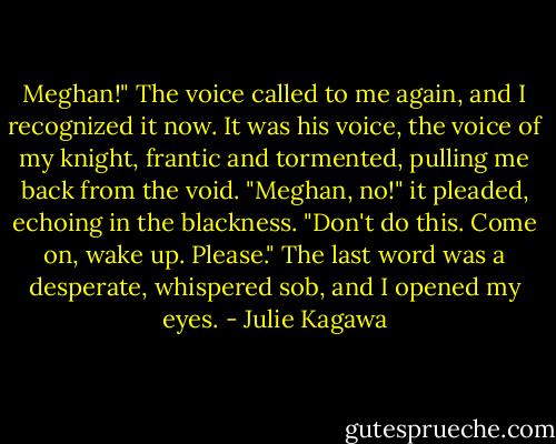 Meghan!" The voice called to me again, and I recognized it now. It was his voice, the voice of my knight, frantic and tormented, pulling me back from the void. "Meghan, no!" it pleaded, echoing in the blackness. "Don't do this. Come on, wake up. Please." The last word was a desperate, whispered sob, and I opened my eyes. - Julie Kagawa
