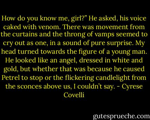 How do you know me, girl?” He asked, his voice caked with venom. There was movement from the curtains and the throng of vamps seemed to cry out as one, in a sound of pure surprise.<br />My head turned towards the figure of a young man. He looked like an angel, dressed in white and gold, but whether that was because he caused Petrel to stop or the flickering candlelight from the sconces above us, I couldn’t say. - Cyrese Covelli