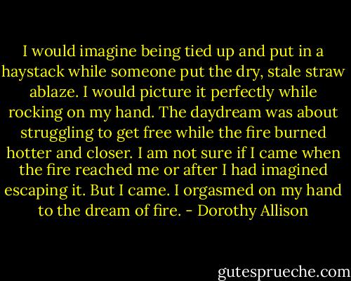 I would imagine being tied up and put in a haystack while someone put the dry, stale straw ablaze. I would picture it perfectly while rocking on my hand. The daydream was about struggling to get free while the fire burned hotter and closer. I am not sure if I came when the fire reached me or after I had imagined escaping it. But I came. I orgasmed on my hand to the dream of fire. - Dorothy Allison