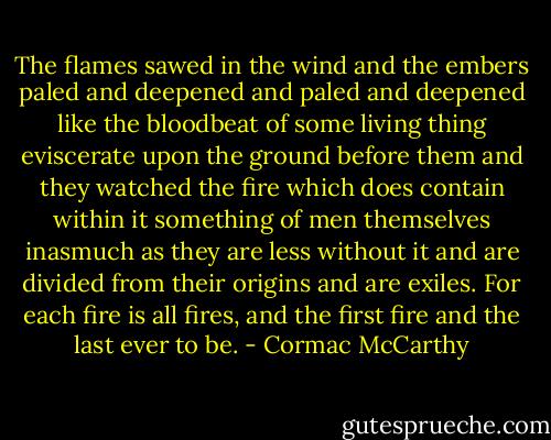 The flames sawed in the wind and the embers paled and deepened and paled and deepened like the bloodbeat of some living thing eviscerate upon the ground before them and they watched the fire which does contain within it something of men themselves inasmuch as they are less without it and are divided from their origins and are exiles. For each fire is all fires, and the first fire and the last ever to be. - Cormac McCarthy