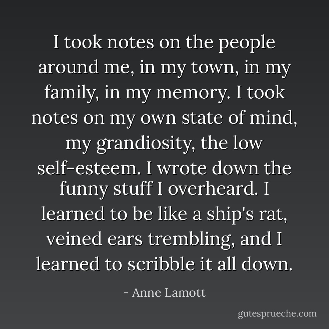 I took notes on the people around me, in my town, in my family, in my memory. I took notes on my own state of mind, my grandiosity, the low self-esteem. I wrote down the funny stuff I overheard. I learned to be like a ship's rat, veined ears trembling, and I learned to scribble it all down. - Anne Lamott