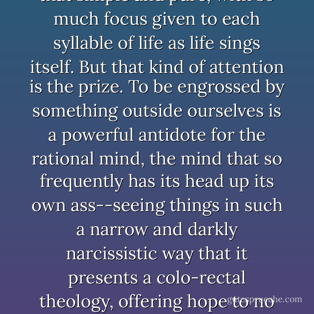 Mostly things are not that way, that simple and pure, with so much focus given to each syllable of life as life sings itself. But that kind of attention is the prize. To be engrossed by something outside ourselves is a powerful antidote for the rational mind, the mind that so frequently has its head up its own ass--seeing things in such a narrow and darkly narcissistic way that it presents a colo-rectal theology, offering hope to no one. - Anne Lamott