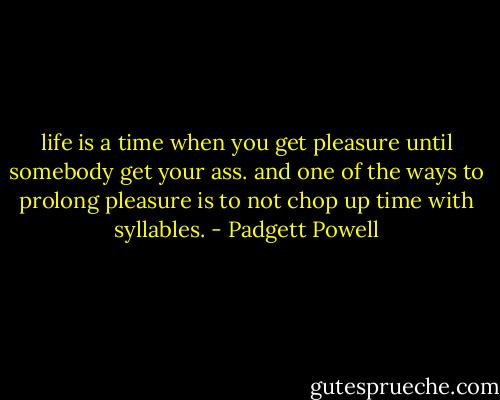 life is a time when you get pleasure until somebody get your ass. and one of the ways to prolong pleasure is to not chop up time with syllables. - Padgett Powell