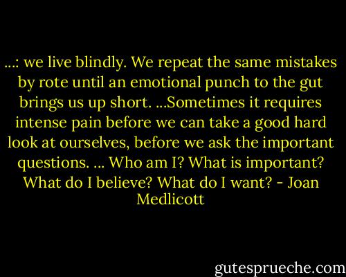 ...: we live blindly. We repeat the same mistakes by rote until an emotional punch to the gut brings us up short. ...Sometimes it requires intense pain before we can take a good hard look at ourselves, before we ask the important questions. ... Who am I? What is important? What do I believe? What do I want? - Joan Medlicott