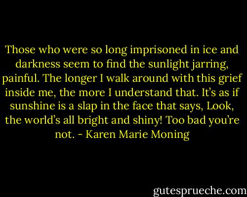 Those who were so long imprisoned in ice and darkness seem to find the sunlight jarring, painful. The longer I walk around with this grief inside me, the more I understand that. It’s as if sunshine is a slap in the face that says, Look, the world’s all bright and shiny! Too bad you’re not. - Karen Marie Moning