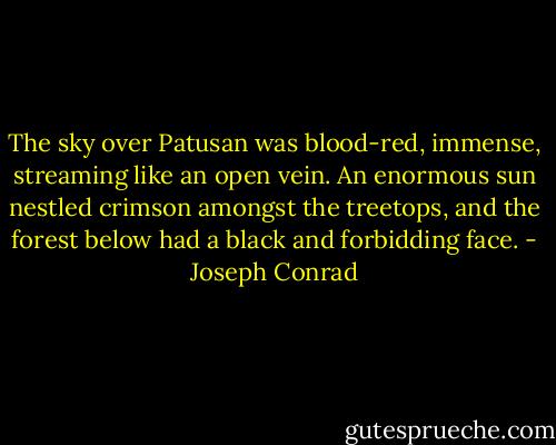 The sky over Patusan was blood-red, immense, streaming like an open vein. An enormous sun nestled crimson amongst the treetops, and the forest below had a black and forbidding face. - Joseph Conrad