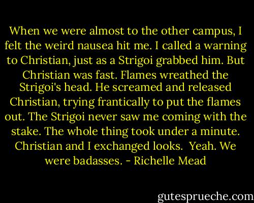 When we were almost to the other campus, I felt the weird nausea hit me. I called a warning to Christian, just as a Strigoi grabbed him. But Christian was fast. Flames wreathed the Strigoi's head. He screamed and released Christian, trying frantically to put the flames out. The Strigoi never saw me coming with the stake. The whole thing took under a minute. Christian and I exchanged looks.<br /><br />Yeah. We were badasses. - Richelle Mead