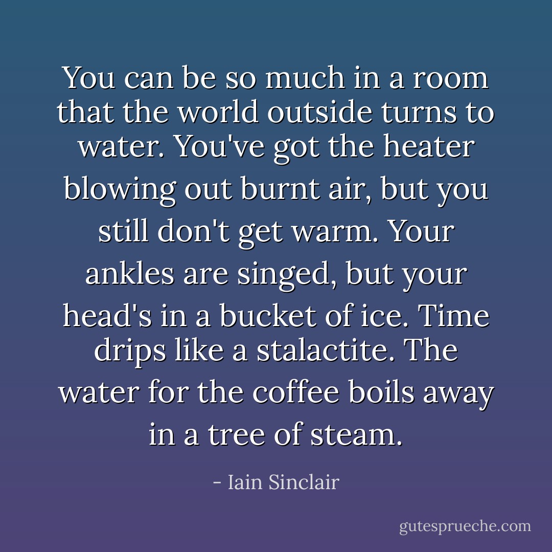 You can be so much in a room that the world outside turns to water. You've got the heater blowing out burnt air, but you still don't get warm. Your ankles are singed, but your head's in a bucket of ice. Time drips like a stalactite. The water for the coffee boils away in a tree of steam. - Iain Sinclair