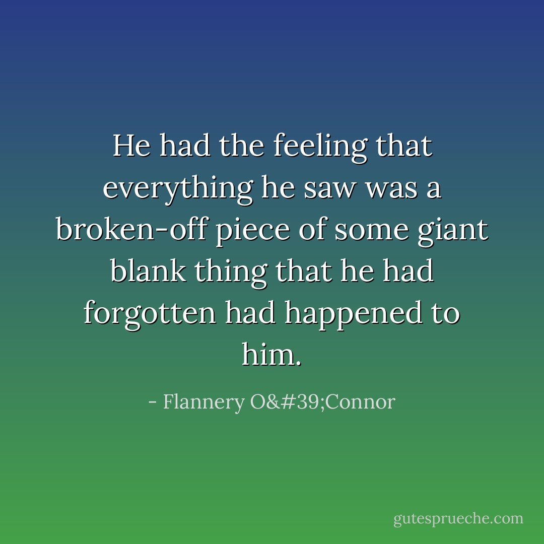 He had the feeling that everything he saw was a broken-off piece of some giant blank thing that he had forgotten had happened to him. - Flannery O'Connor