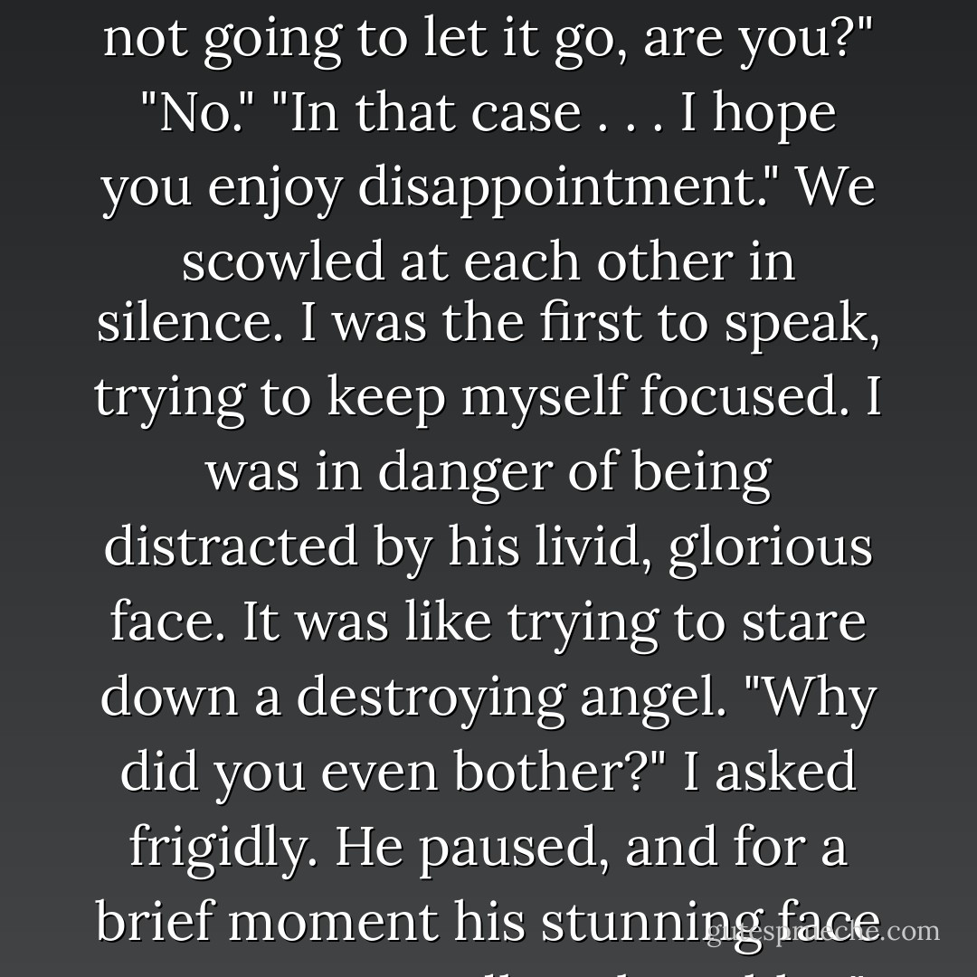 Can't you just thank me and get over it?"<br />"Thank you." I waited, fuming and expectant.<br />"You're not going to let it go, are you?"<br />"No."<br />"In that case . . . I hope you enjoy disappointment."<br />We scowled at each other in silence. I was the first to speak, trying to keep myself focused. I was in danger of being distracted by his livid, glorious face. It was like trying to stare down a destroying angel.<br />"Why did you even bother?" I asked frigidly.<br />He paused, and for a brief moment his stunning face was unexpectedly vulnerable.<br />"I don't know," he whispered. - Stephenie Meyer