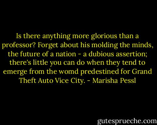 Is there anything more glorious than a professor? Forget about his molding the minds, the future of a nation - a dubious assertion; there's little you can do when they tend to emerge from the womd predestined for Grand Theft Auto Vice City. - Marisha Pessl