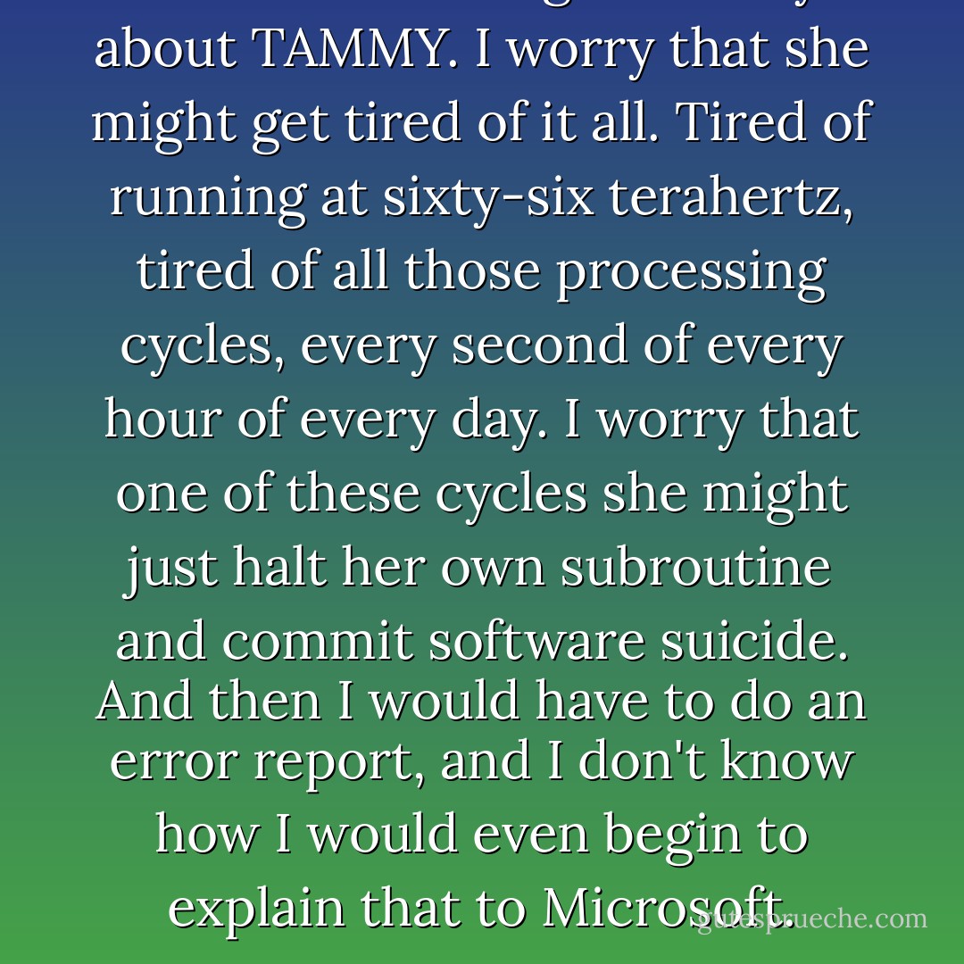 Sometimes at night I worry about TAMMY. I worry that she might get tired of it all. Tired of running at sixty-six terahertz, tired of all those processing cycles, every second of every hour of every day. I worry that one of these cycles she might just halt her own subroutine and commit software suicide. And then I would have to do an error report, and I don't know how I would even begin to explain that to Microsoft. - Charles Yu