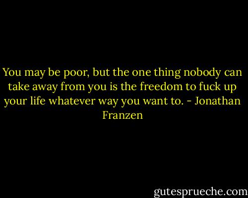 You may be poor, but the one thing nobody can take away from you is the freedom to fuck up your life whatever way you want to. - Jonathan Franzen
