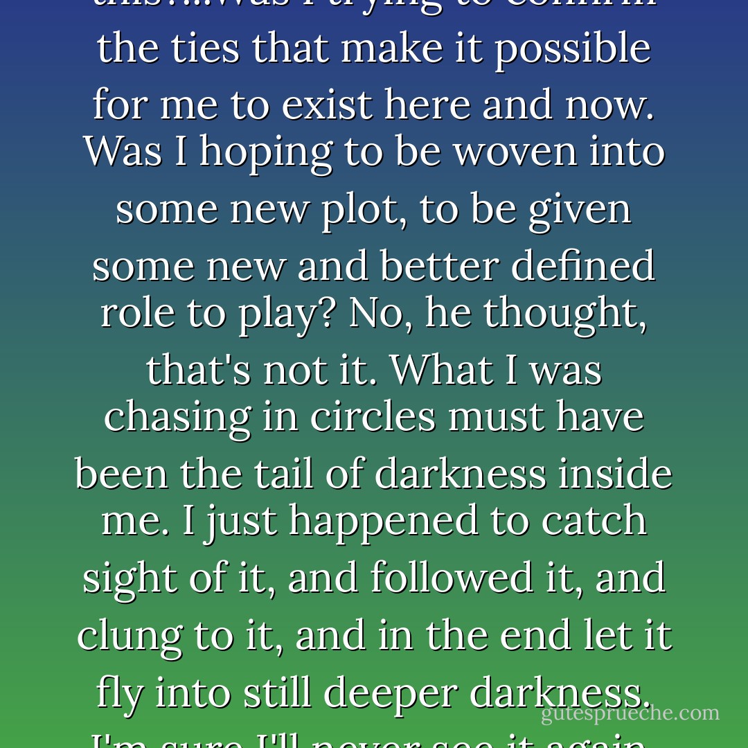 What was I hoping to gain from this?...Was I trying to confirm the ties that make it possible for me to exist here and now. Was I hoping to be woven into some new plot, to be given some new and better defined role to play? No, he thought, that's not it. What I was chasing in circles must have been the tail of darkness inside me. I just happened to catch sight of it, and followed it, and clung to it, and in the end let it fly into still deeper darkness. I'm sure I'll never see it again. - Haruki Murakami