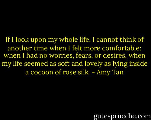 If I look upon my whole life, I cannot think of another time when I felt more comfortable: when I had no worries, fears, or desires, when my life seemed as soft and lovely as lying inside a cocoon of rose silk. - Amy Tan