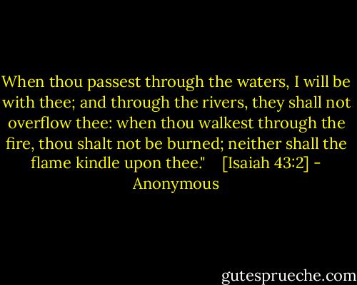 When thou passest through the waters, I will be with thee; and through the rivers, they shall not overflow thee: when thou walkest through the fire, thou shalt not be burned; neither shall the flame kindle upon thee." <br /> <br />[Isaiah 43:2] - Anonymous