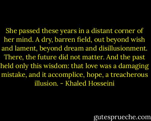 She passed these years in a distant corner of her mind. A dry, barren field, out beyond wish and lament, beyond dream and disillusionment. There, the future did not matter. And the past held only this wisdom: that love was a damaging mistake, and it accomplice, hope, a treacherous illusion. - Khaled Hosseini