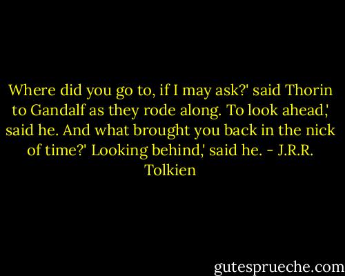 Where did you go to, if I may ask?' said Thorin to Gandalf as they rode along.<br />To look ahead,' said he.<br />And what brought you back in the nick of time?'<br />Looking behind,' said he. - J.R.R. Tolkien
