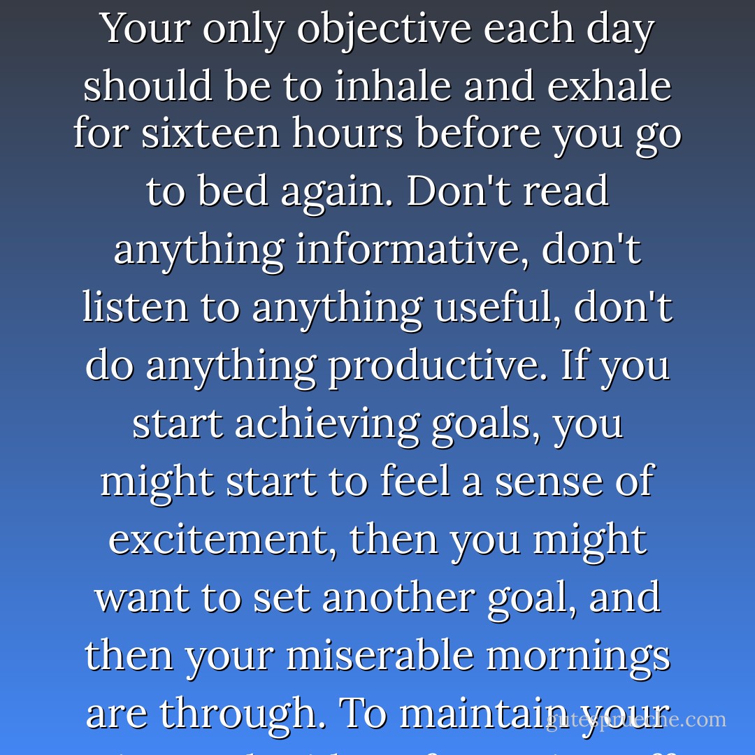 If you're trying to be miserable, it's important you don't have any goals. No school goals, personal goals, family goals. Your only objective each day should be to inhale and exhale for sixteen hours before you go to bed again. Don't read anything informative, don't listen to anything useful, don't do anything productive. If you start achieving goals, you might start to feel a sense of excitement, then you might want to set another goal, and then your miserable mornings are through. To maintain your misery, the idea of crossing off your goals should never cross your mind. - John Bytheway